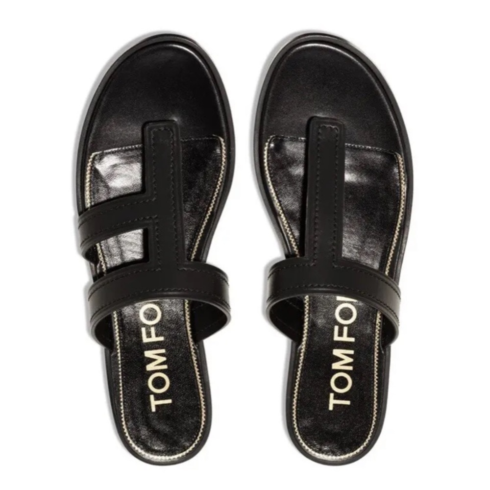NEW Tom Ford T F Logo Black Leather Sandal Flat 37